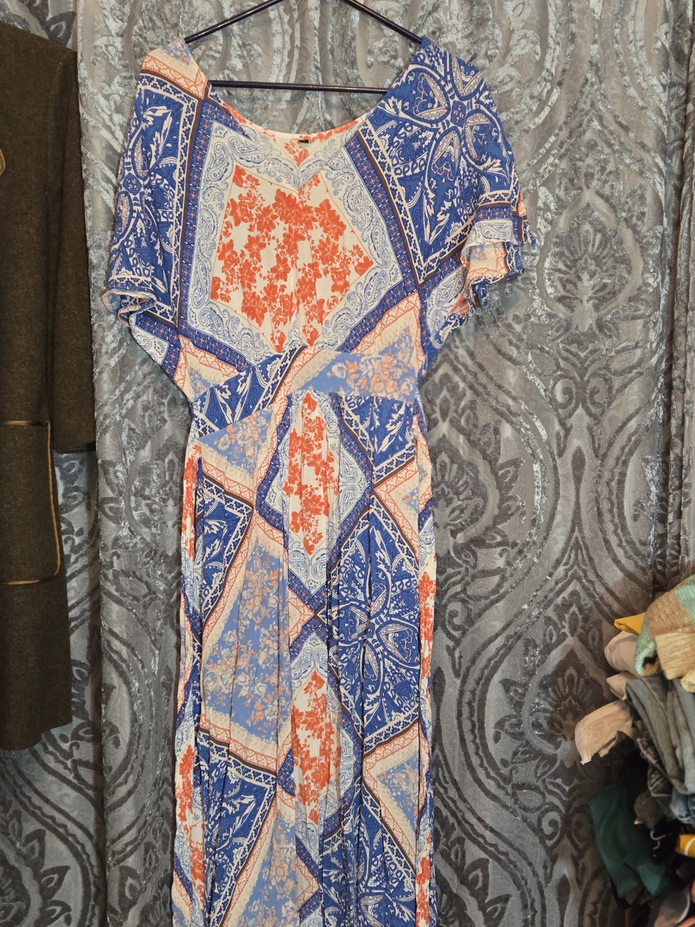 Women's Blue and Orange Patchwork Maxi Dress